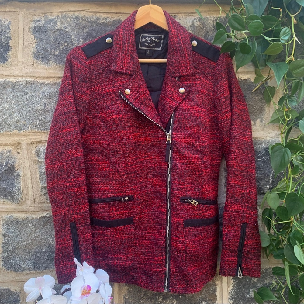 Lucky Brand Mixed Moto Red & Black Tweed Jacket